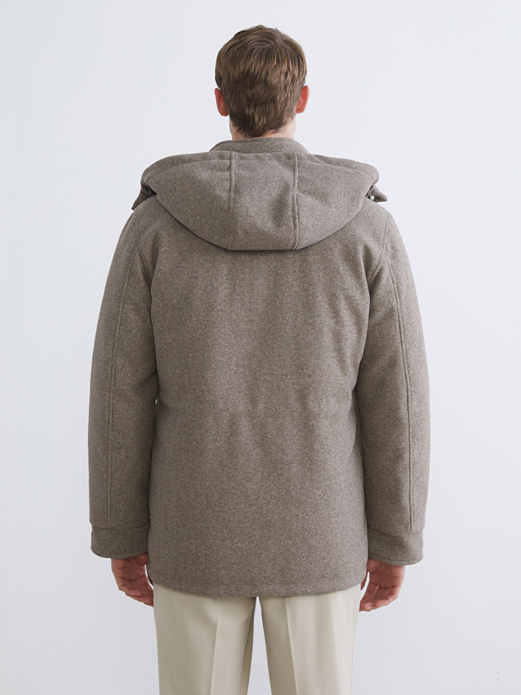 Bej Standart Kalıp Kapüşonlu Erkek Kaşe Mont-4