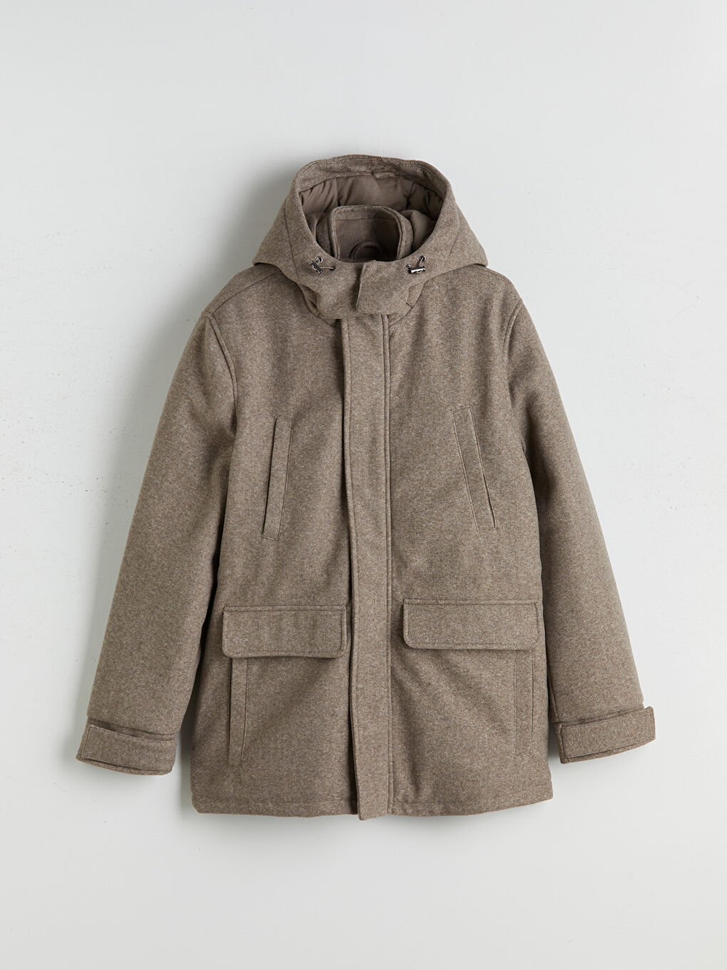 Bej Standart Kalıp Kapüşonlu Erkek Kaşe Mont-5