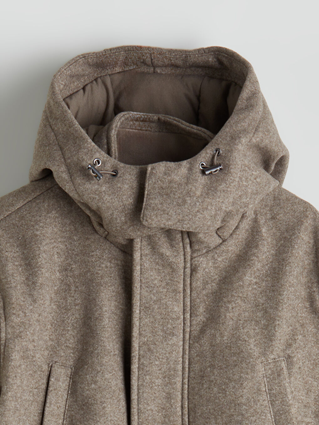 Bej Standart Kalıp Kapüşonlu Erkek Kaşe Mont-9