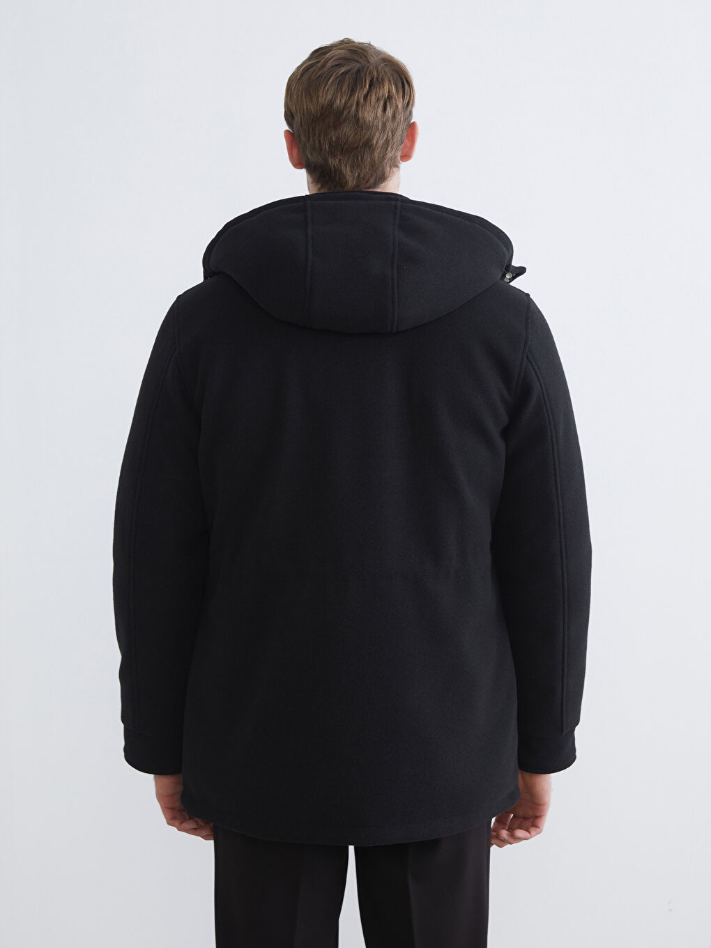 Siyah Standart Kalıp Kapüşonlu Erkek Kaşe Mont-4