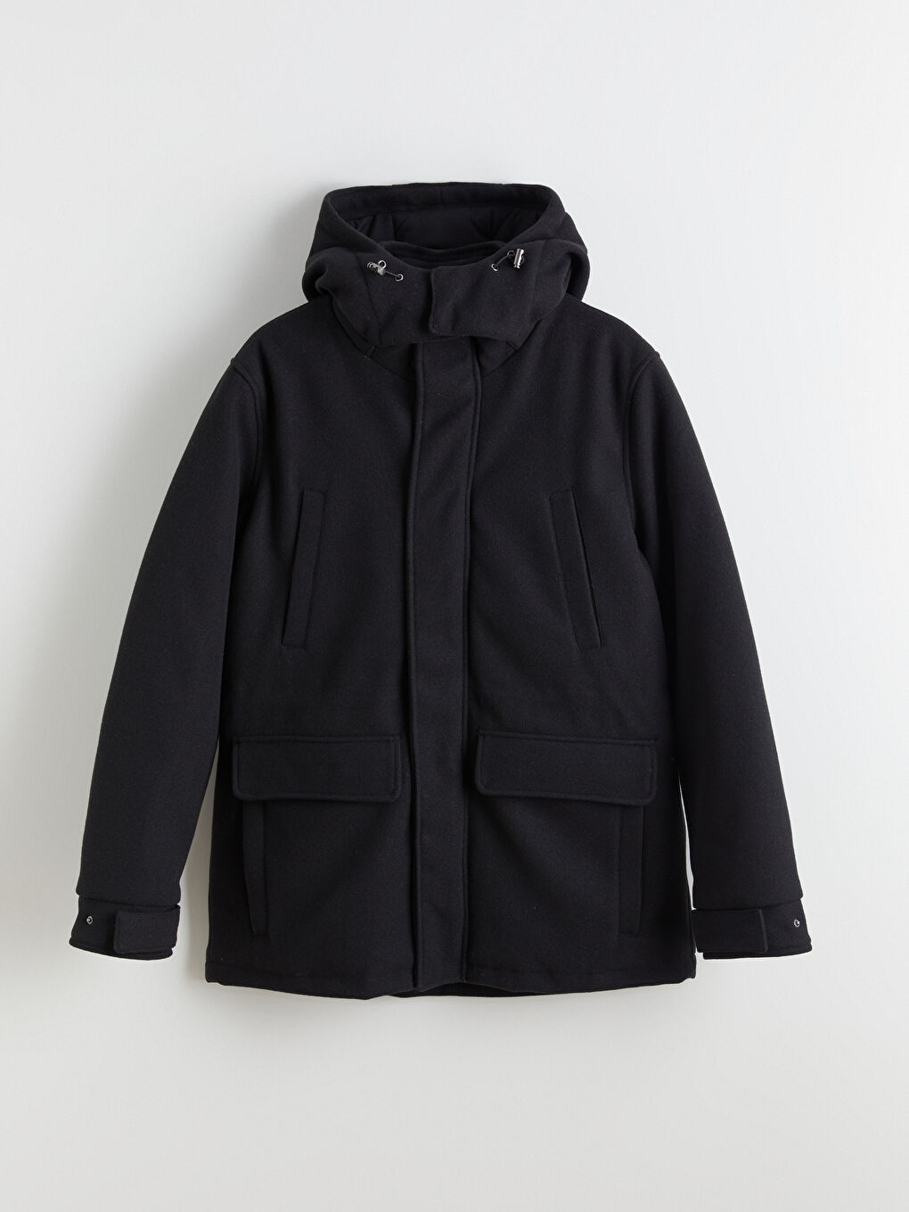 Siyah Standart Kalıp Kapüşonlu Erkek Kaşe Mont-5