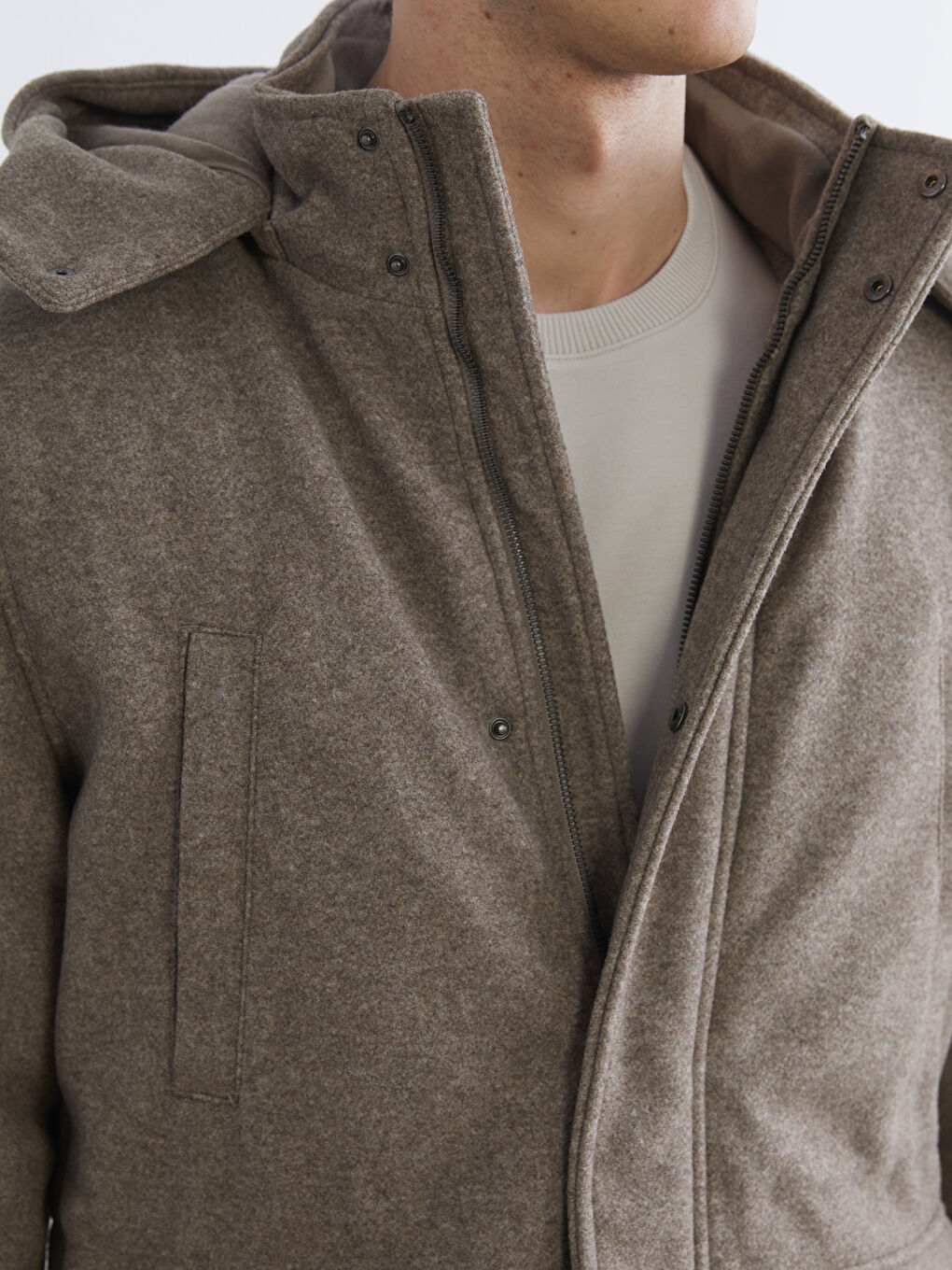 Bej Standart Kalıp Kapüşonlu Erkek Kaşe Mont-2