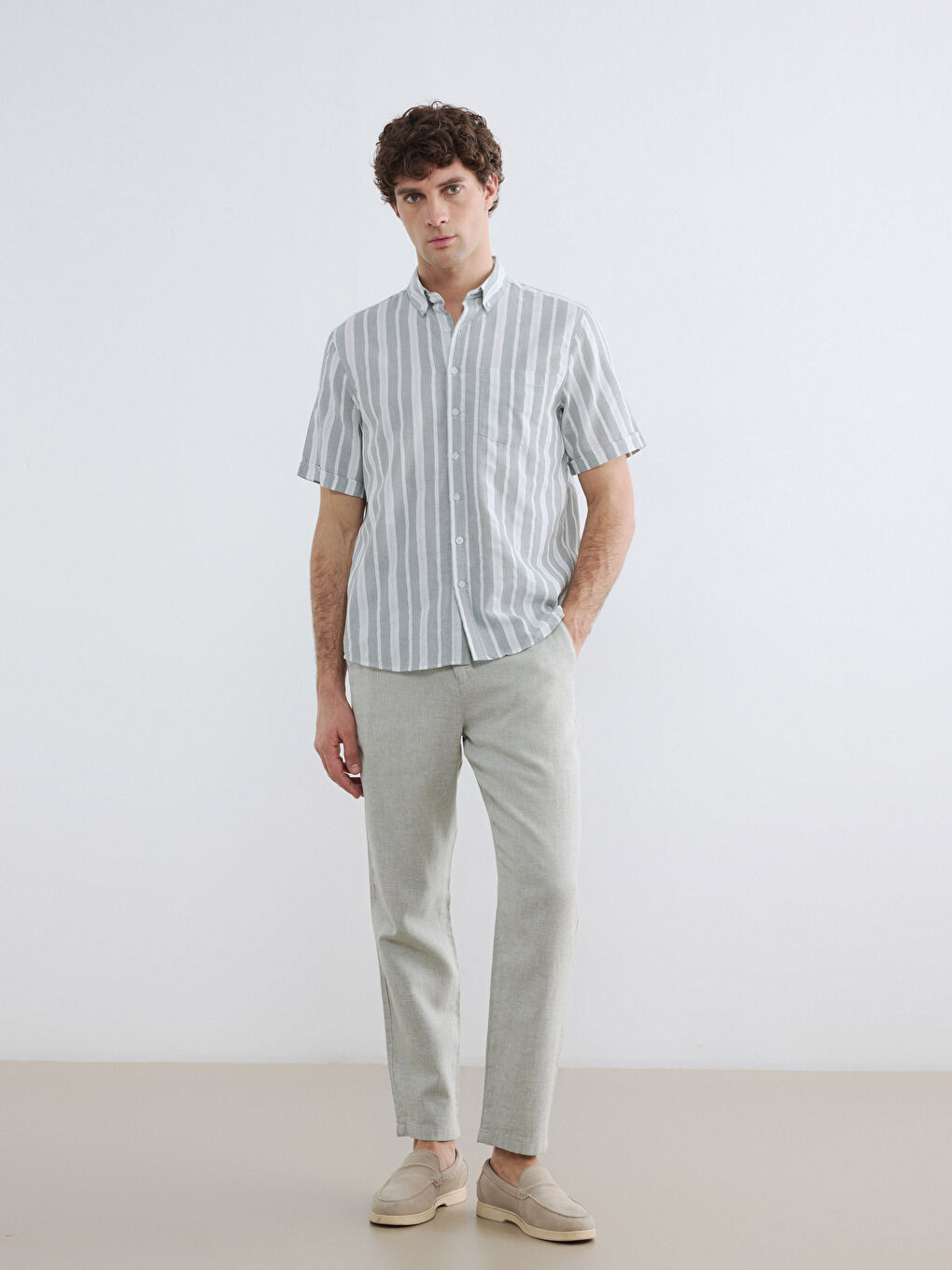 Yeşil Regular Fit Keten Karışımlı Erkek Chino Pantolon