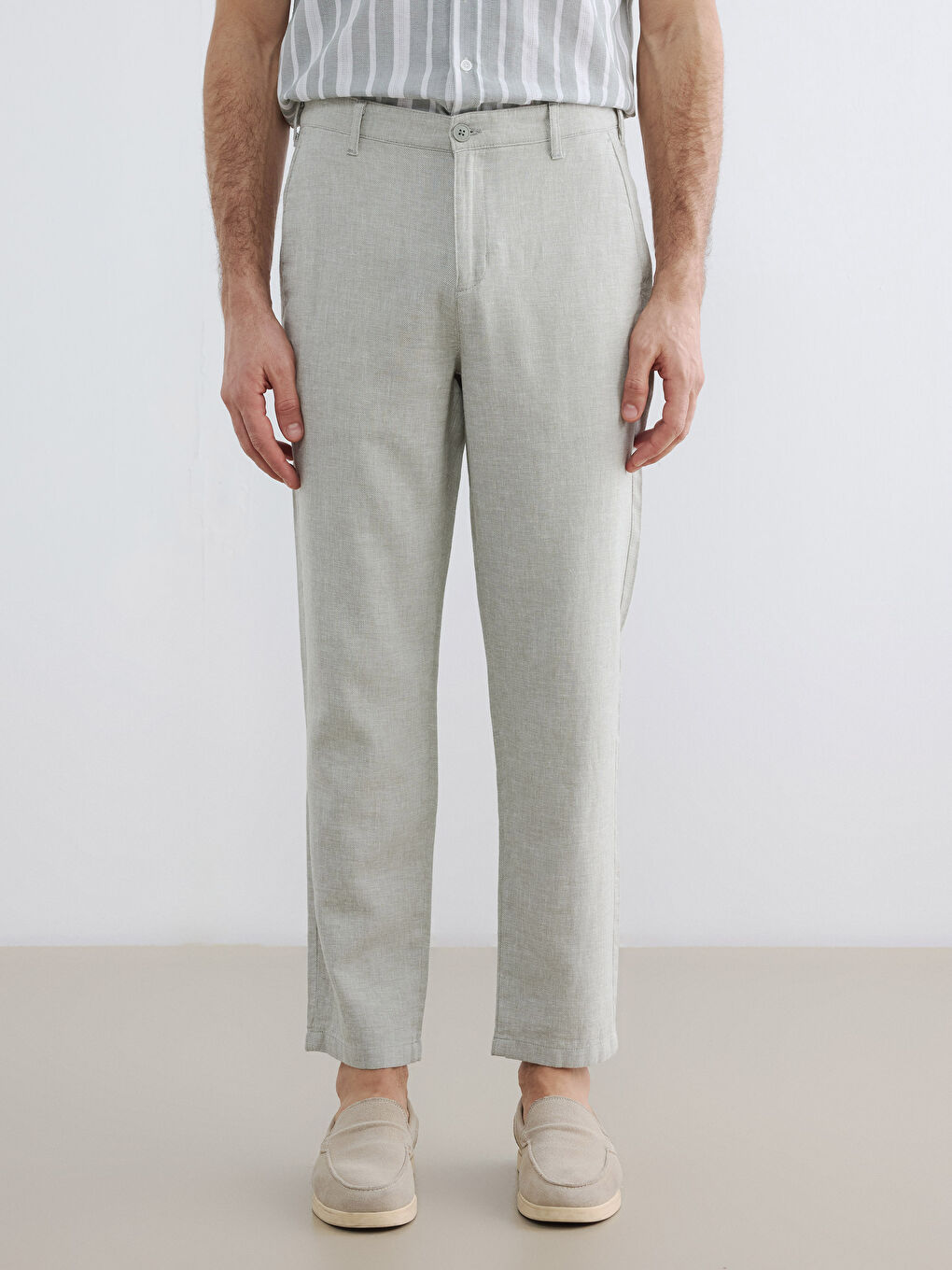 Yeşil Regular Fit Keten Karışımlı Erkek Chino Pantolon-1