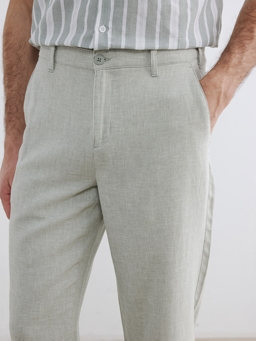 Yeşil Regular Fit Keten Karışımlı Erkek Chino Pantolon-2