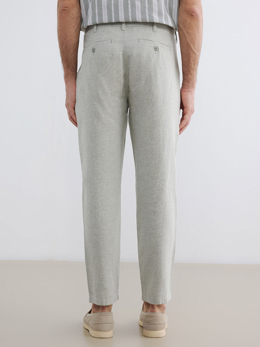 Yeşil Regular Fit Keten Karışımlı Erkek Chino Pantolon-3