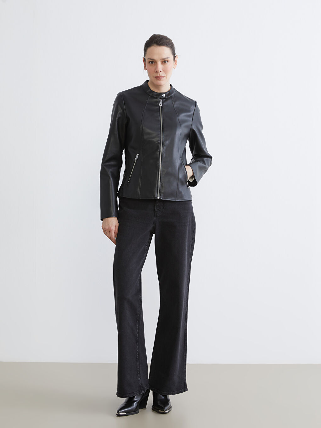 Mandarin Collar Faux Leather Jacket-1