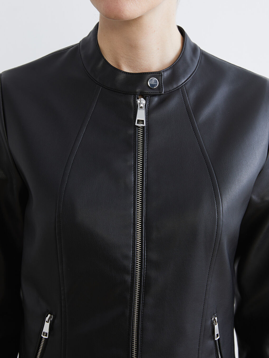 Mandarin Collar Faux Leather Jacket-2