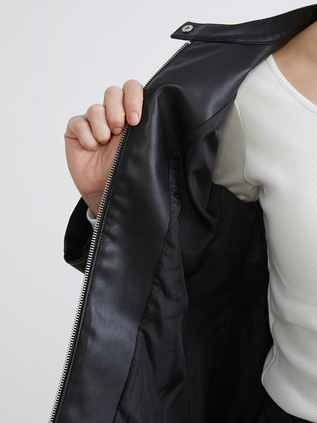 Mandarin Collar Faux Leather Jacket-3