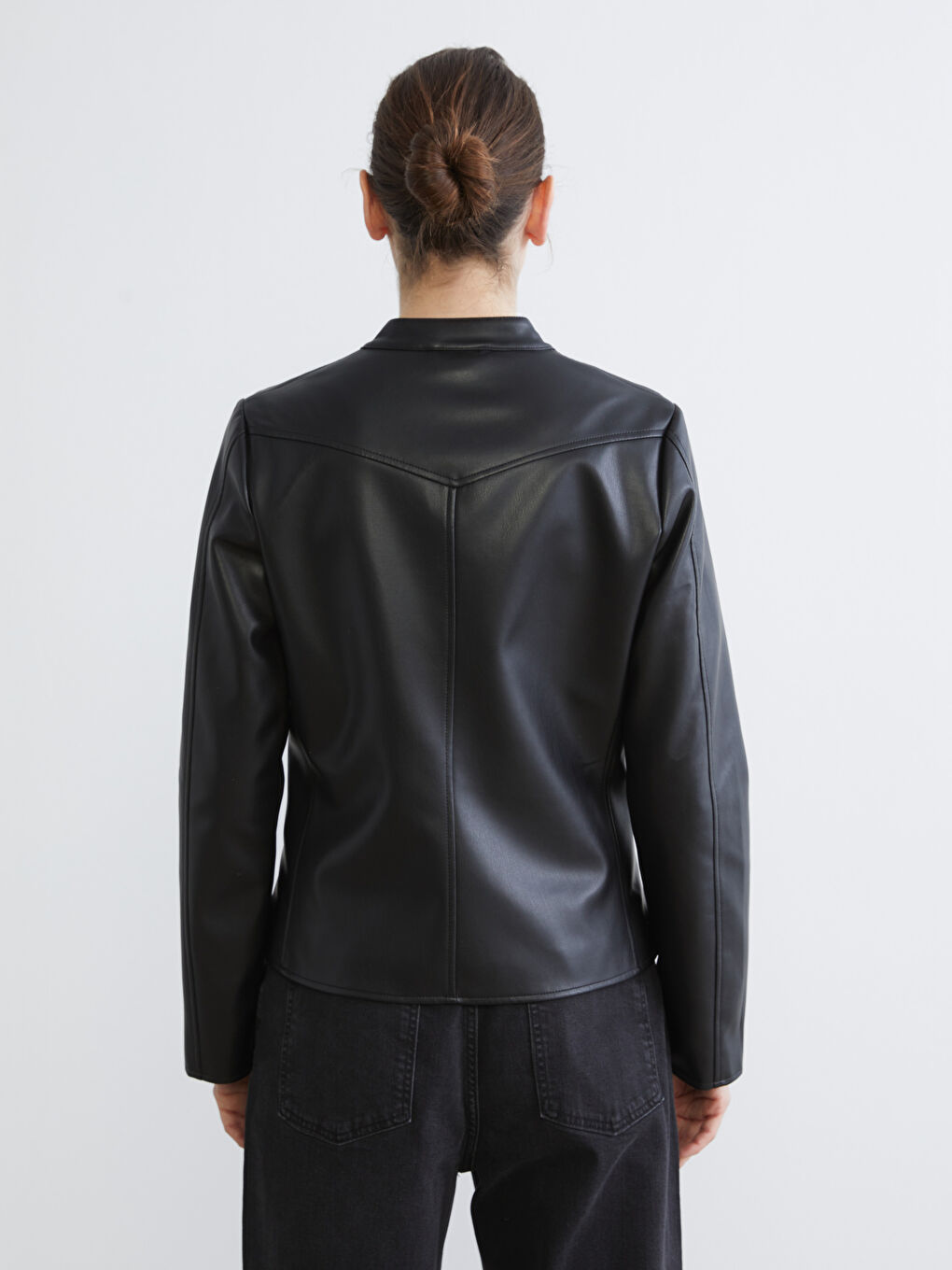 Mandarin Collar Faux Leather Jacket-4