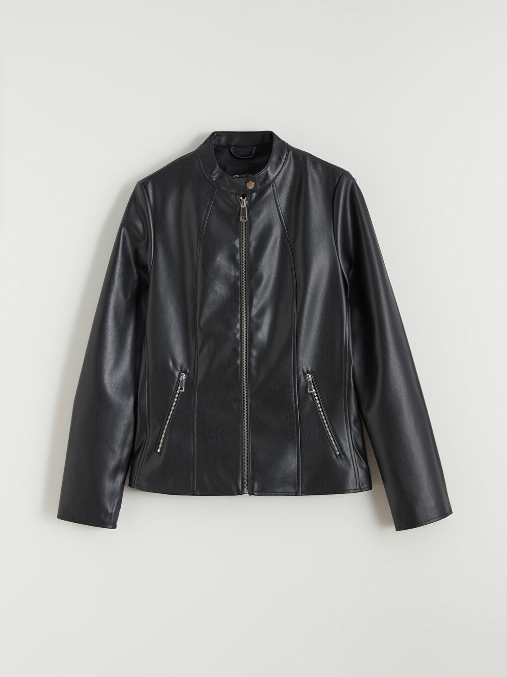 Mandarin Collar Faux Leather Jacket-5
