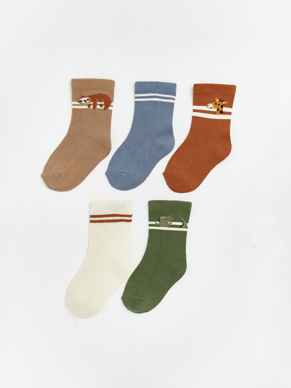 A set of five baby boy socks in playful animal prints.