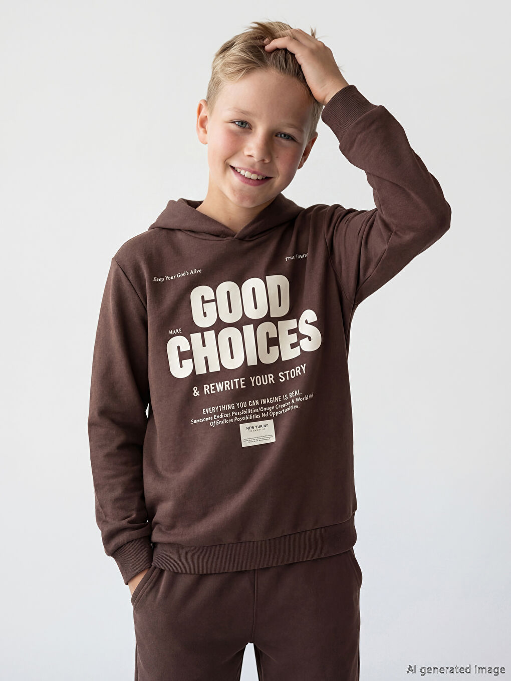 Kahverengi Kapüşonlu Slogan Baskılı Erkek Çocuk Sweatshirt