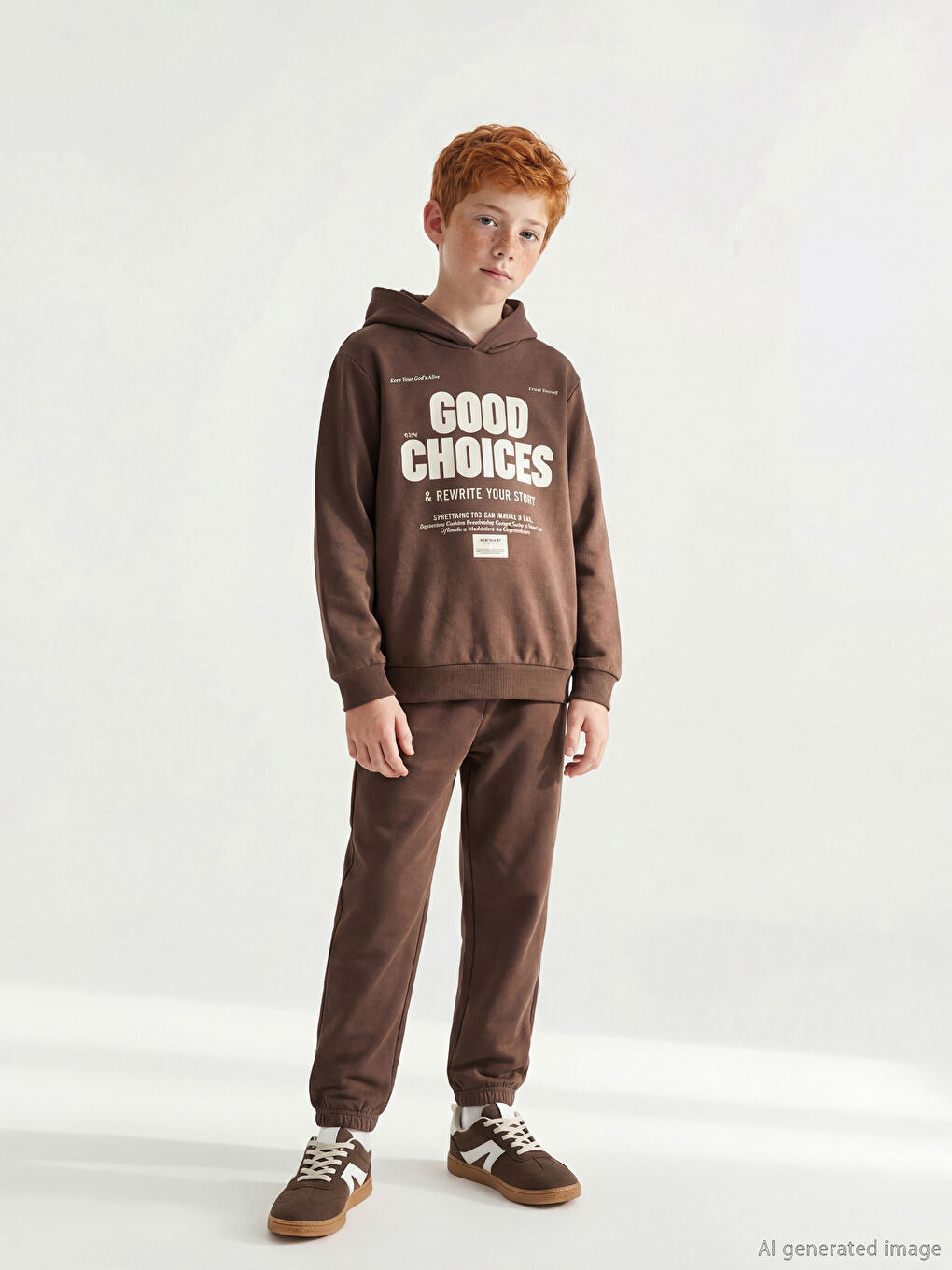 Kahverengi Kapüşonlu Baskılı Erkek Çocuk Eşofman Takımı