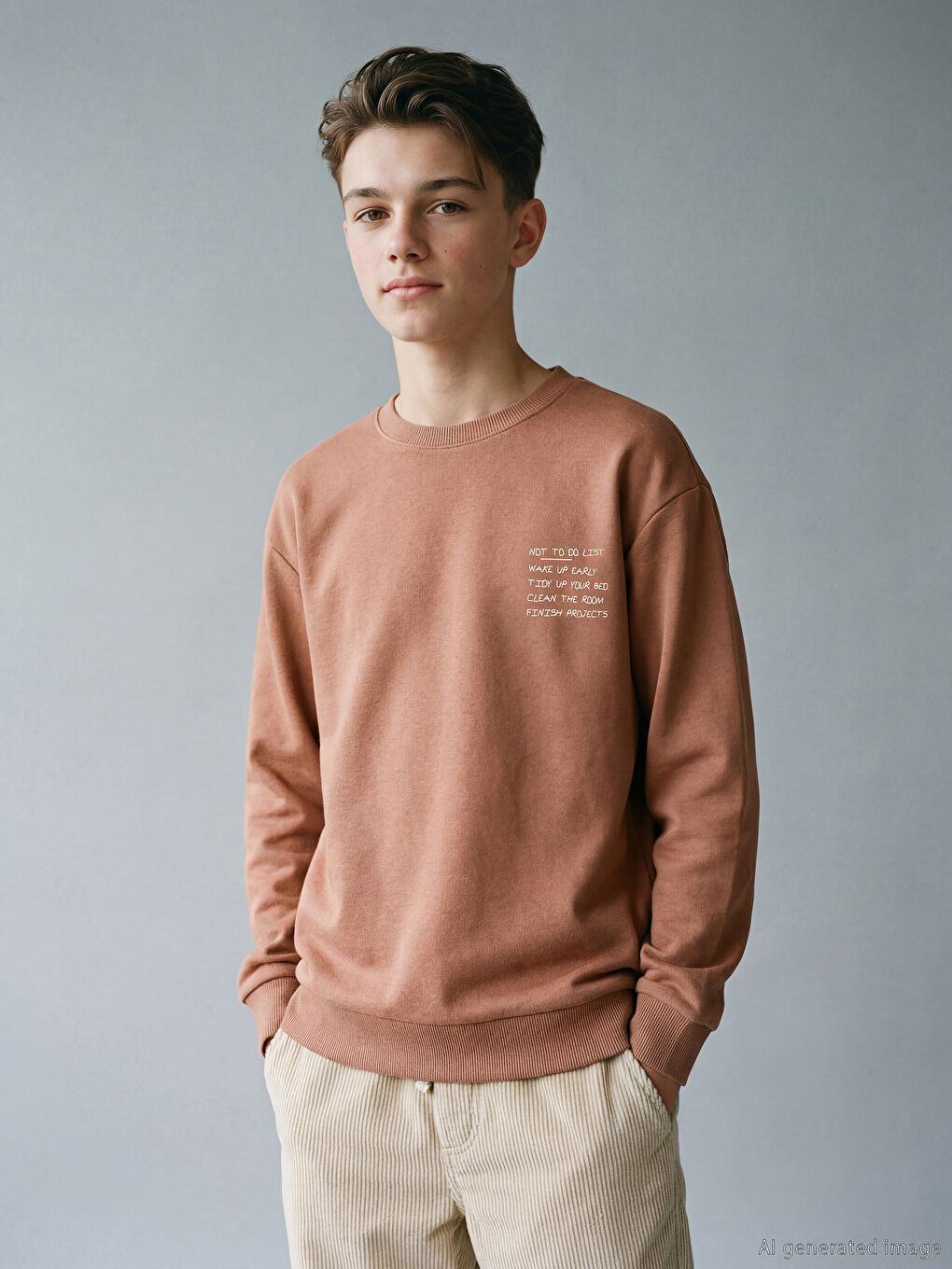 Kahverengi Yazı Baskılı Erkek Çocuk Sweatshirt