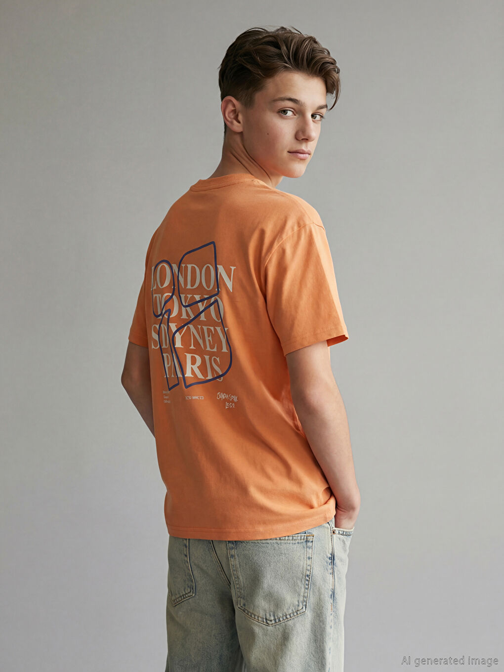Turuncu Yazı ve Şehir Baskılı Erkek Çocuk Tişört