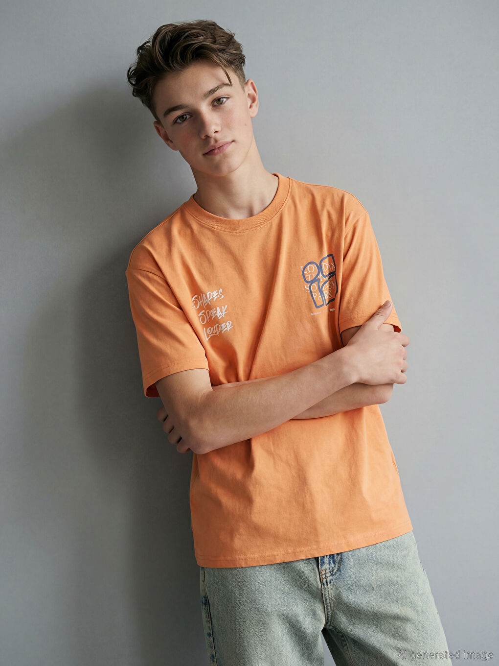 Turuncu Yazı ve Şehir Baskılı Erkek Çocuk Tişört-1