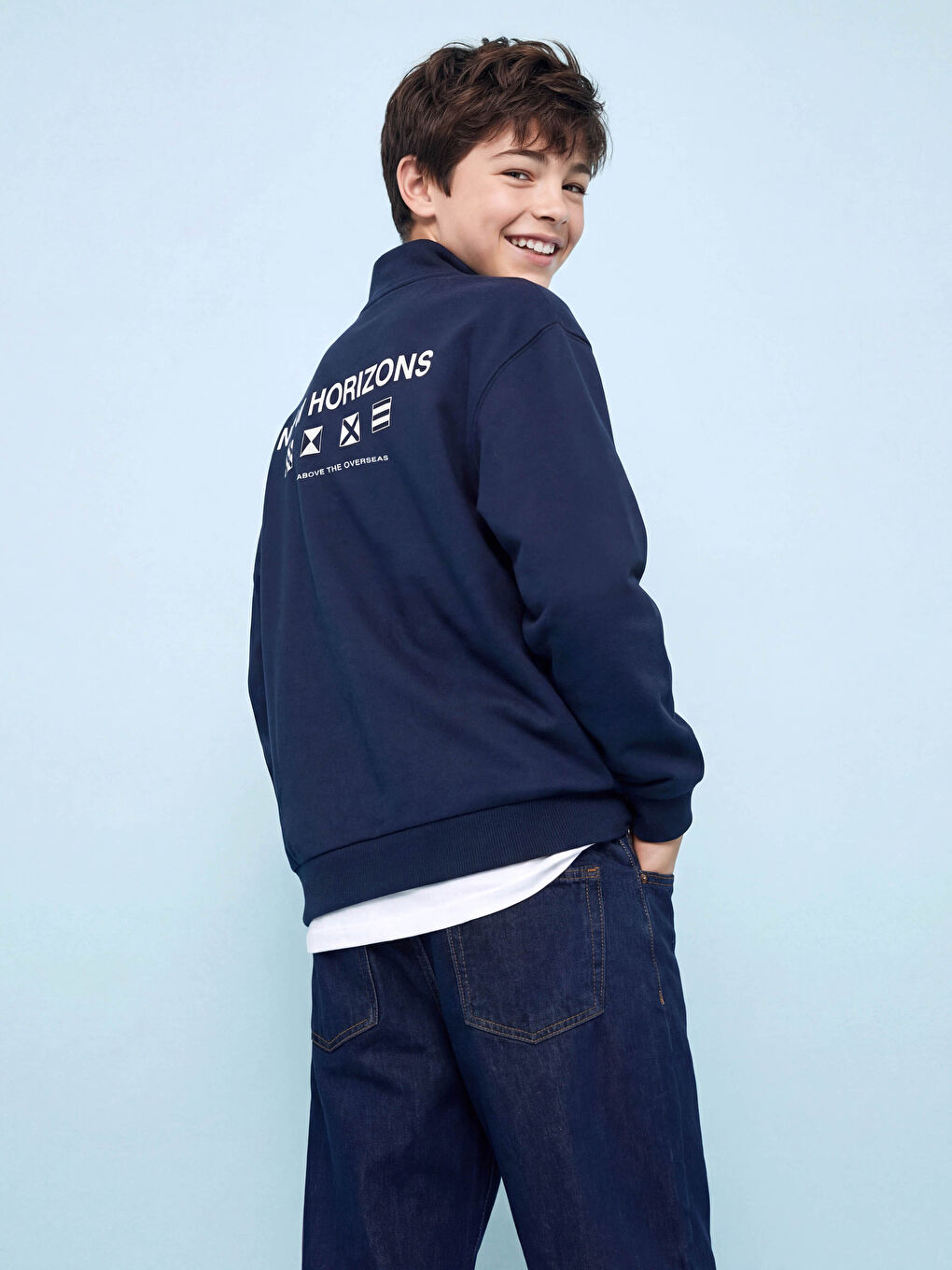 Lacivert Yarım Fermuarlı Yaka Erkek Çocuk Sweatshirt-1