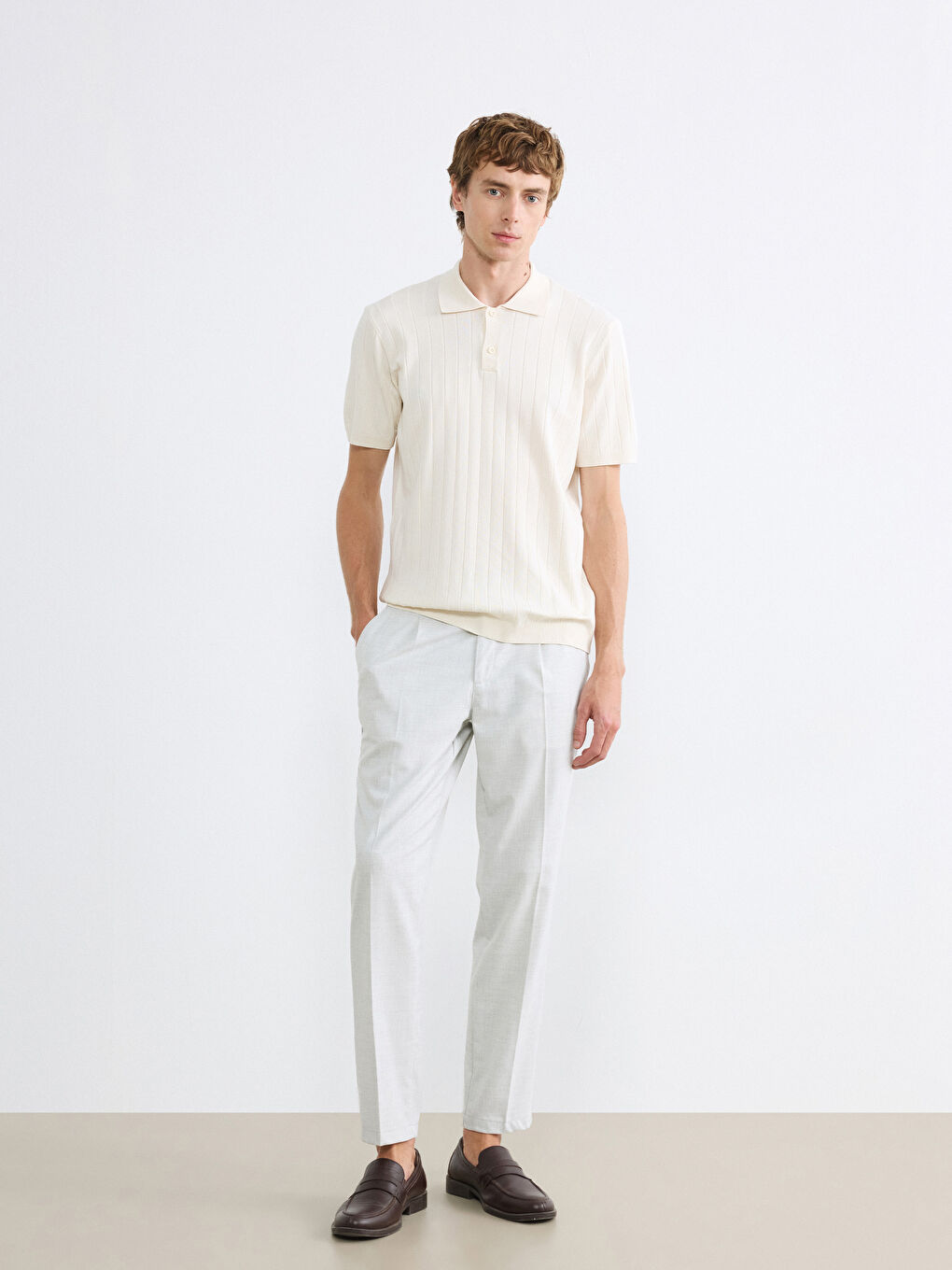 Ekru Polo Yaka Kısa Kollu Fitilli Erkek Triko Kazak-1