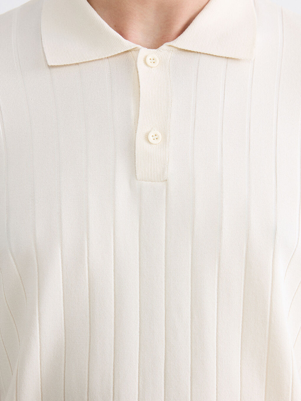 Ekru Polo Yaka Kısa Kollu Fitilli Erkek Triko Kazak-2