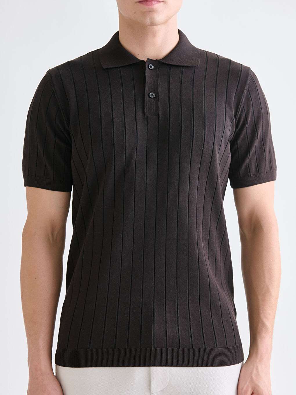 Kahverengi Polo Yaka Kısa Kollu Erkek Triko Kazak-2