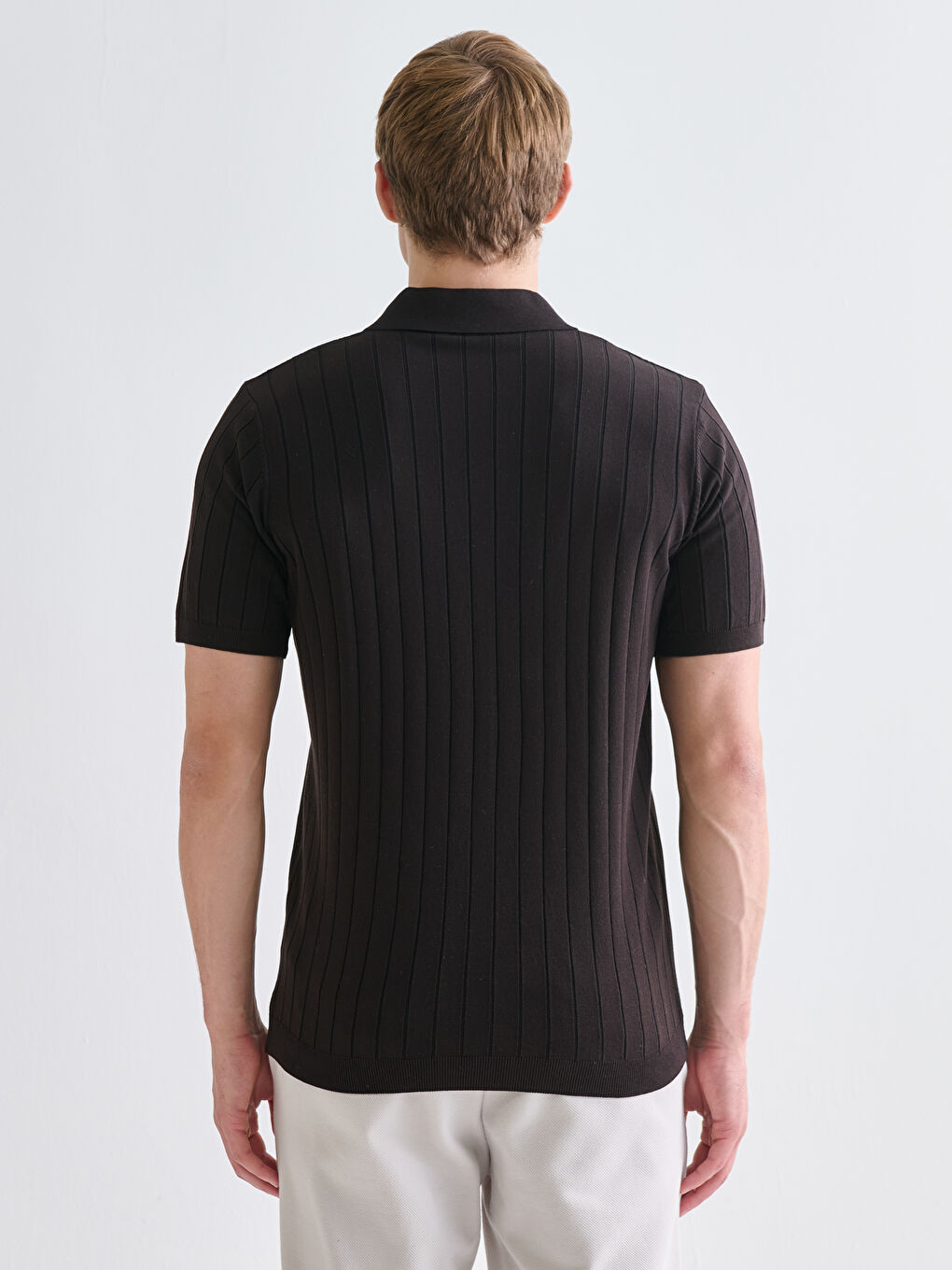 Kahverengi Polo Yaka Kısa Kollu Erkek Triko Kazak-3