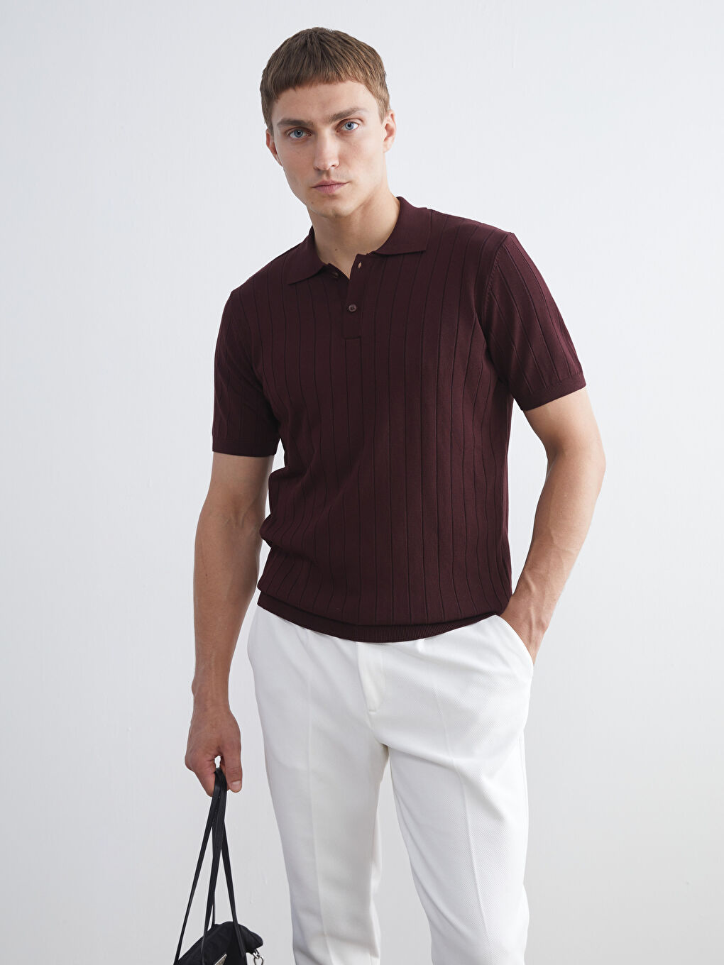 Bordo Polo Yaka Kısa Kollu Erkek Triko Kazak