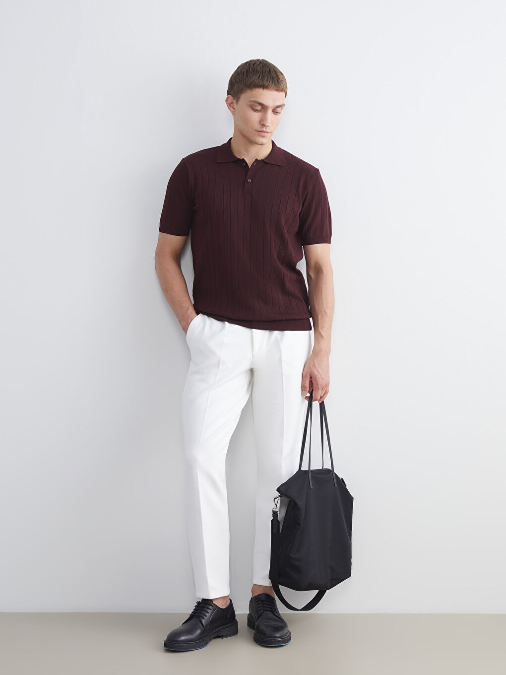 Bordo Polo Yaka Kısa Kollu Erkek Triko Kazak-1