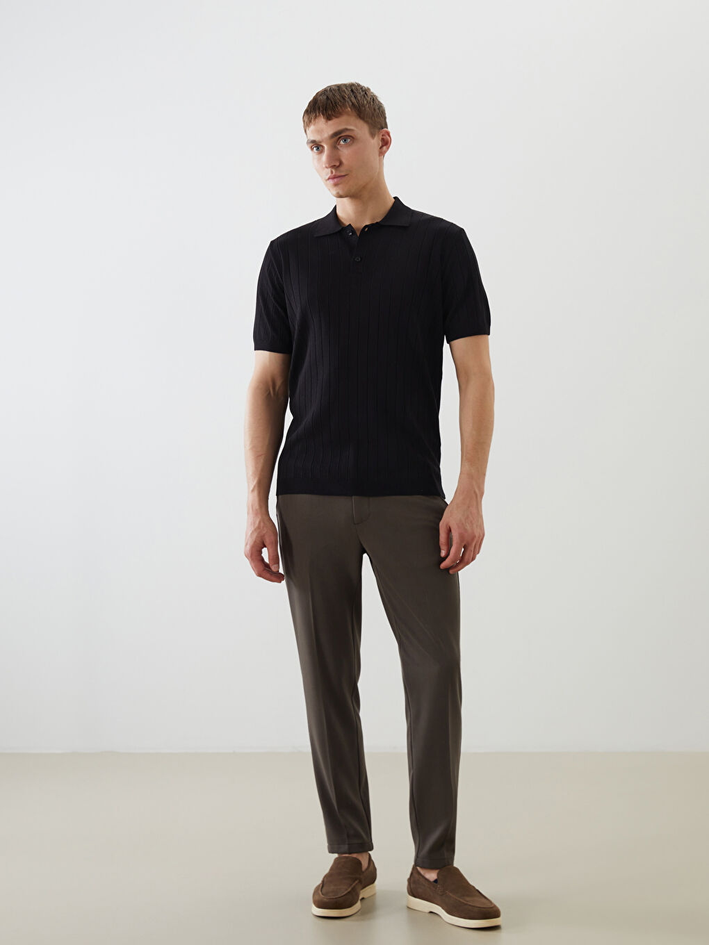 Siyah Polo Yaka Kısa Kollu Erkek Triko Kazak-1