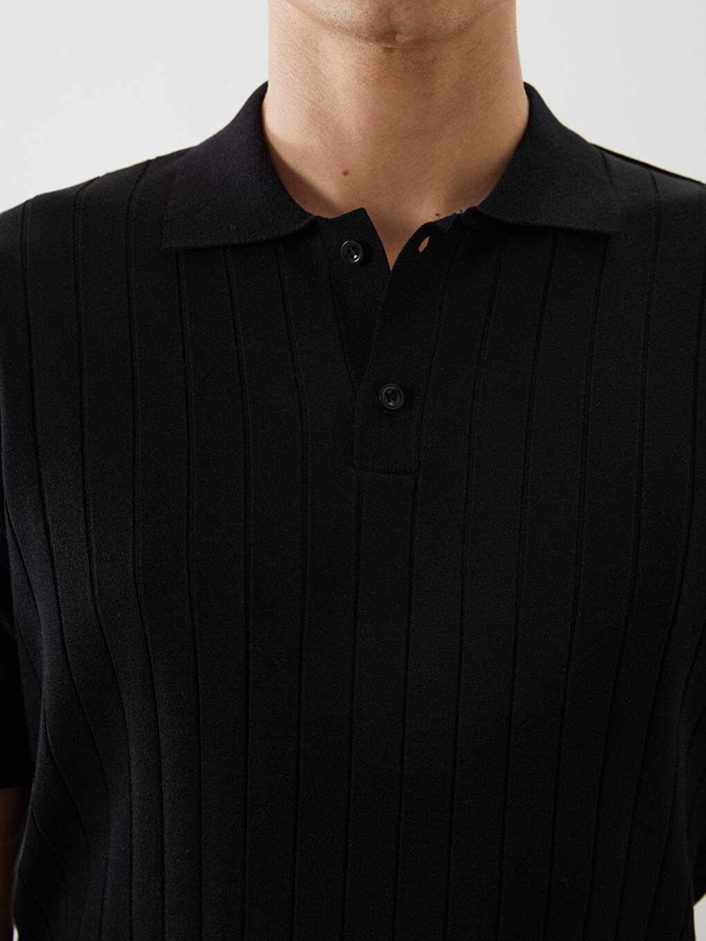 Siyah Polo Yaka Kısa Kollu Erkek Triko Kazak-2