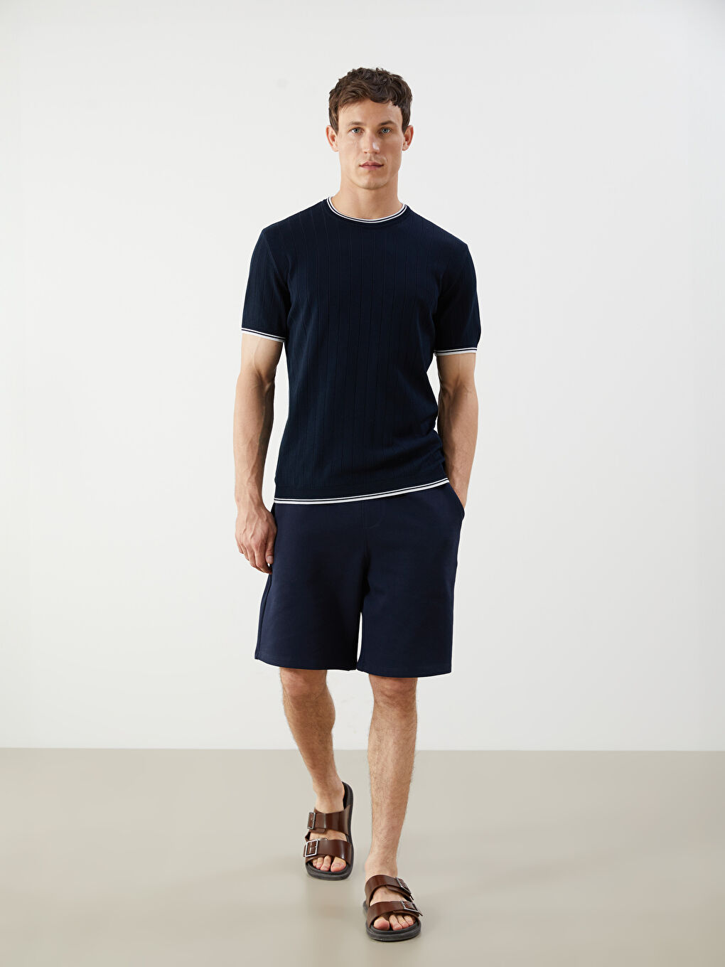 Lacivert Bisiklet Yaka Kısa Kollu Erkek Triko Kazak-1