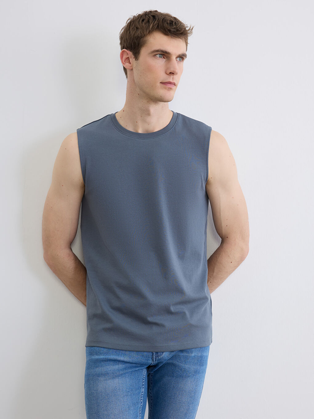 Gri Bisiklet Yaka Erkek Kolsuz Tişört