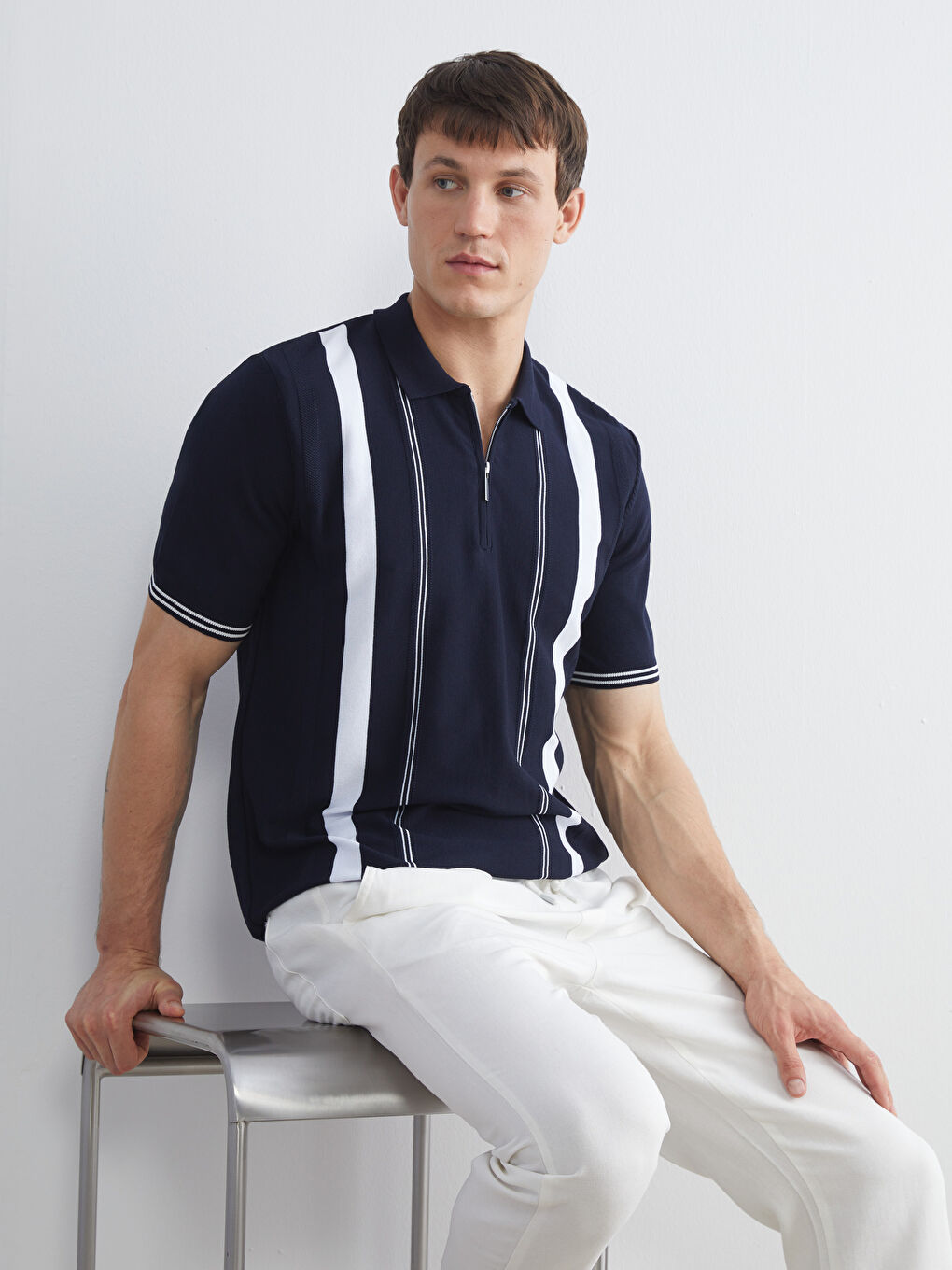 Lacivert Polo Yaka Kısa Kollu Çizgili Erkek Triko Kazak