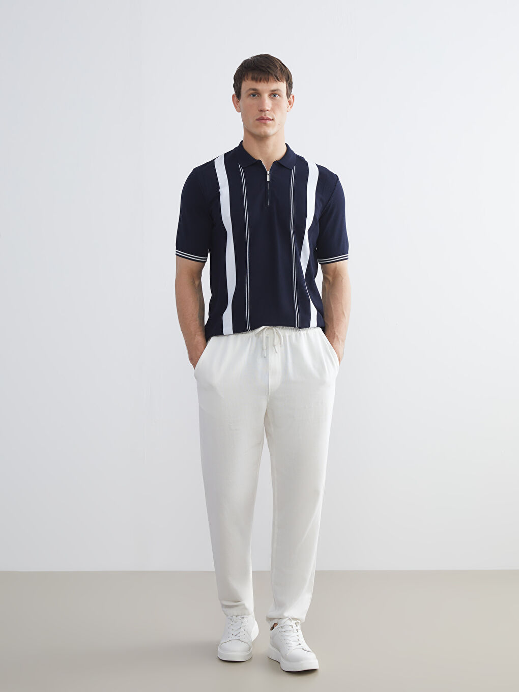 Lacivert Polo Yaka Kısa Kollu Çizgili Erkek Triko Kazak-1