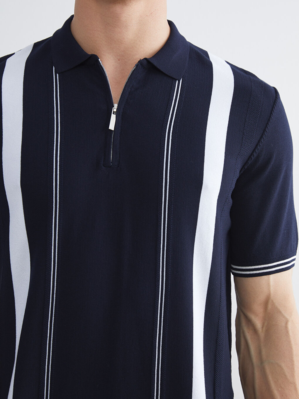 Lacivert Polo Yaka Kısa Kollu Çizgili Erkek Triko Kazak-2