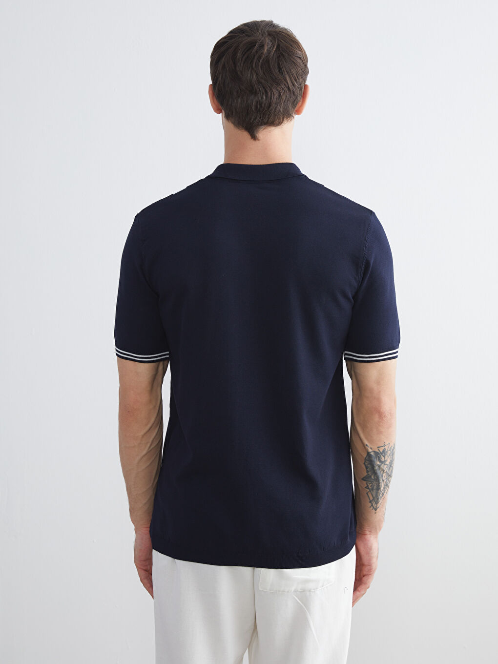 Lacivert Polo Yaka Kısa Kollu Çizgili Erkek Triko Kazak-3
