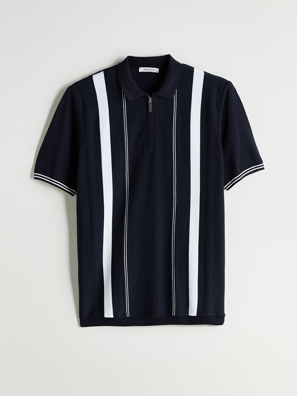 Lacivert Polo Yaka Kısa Kollu Çizgili Erkek Triko Kazak-4