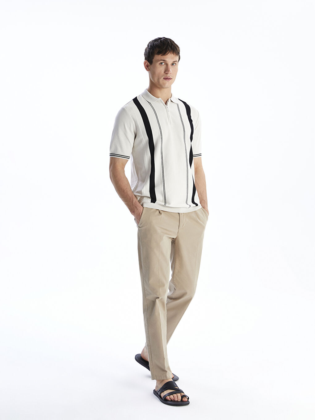 Bej Polo Yaka Kısa Kollu Çizgili Erkek Triko Kazak-1