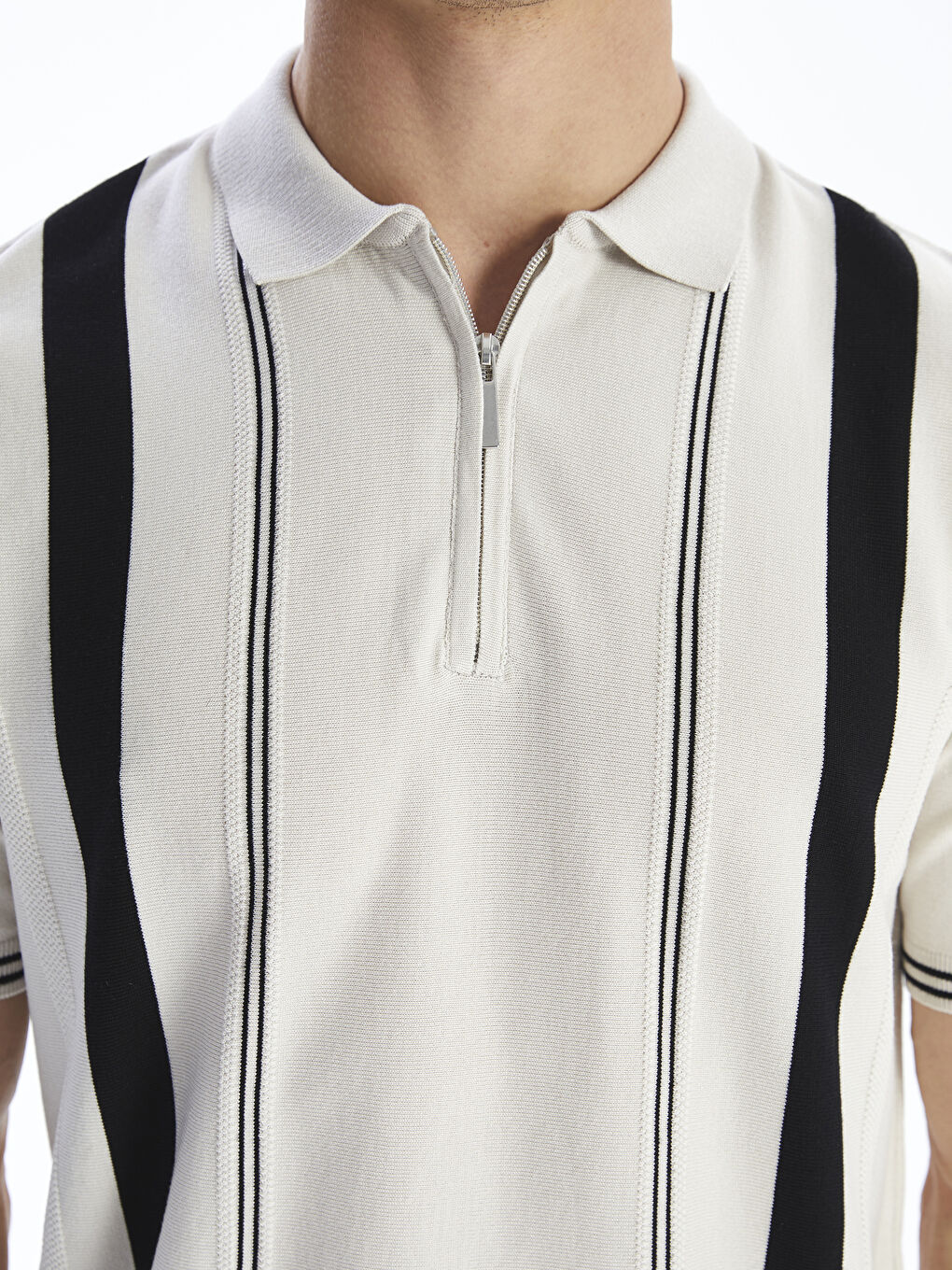 Bej Polo Yaka Kısa Kollu Çizgili Erkek Triko Kazak-2