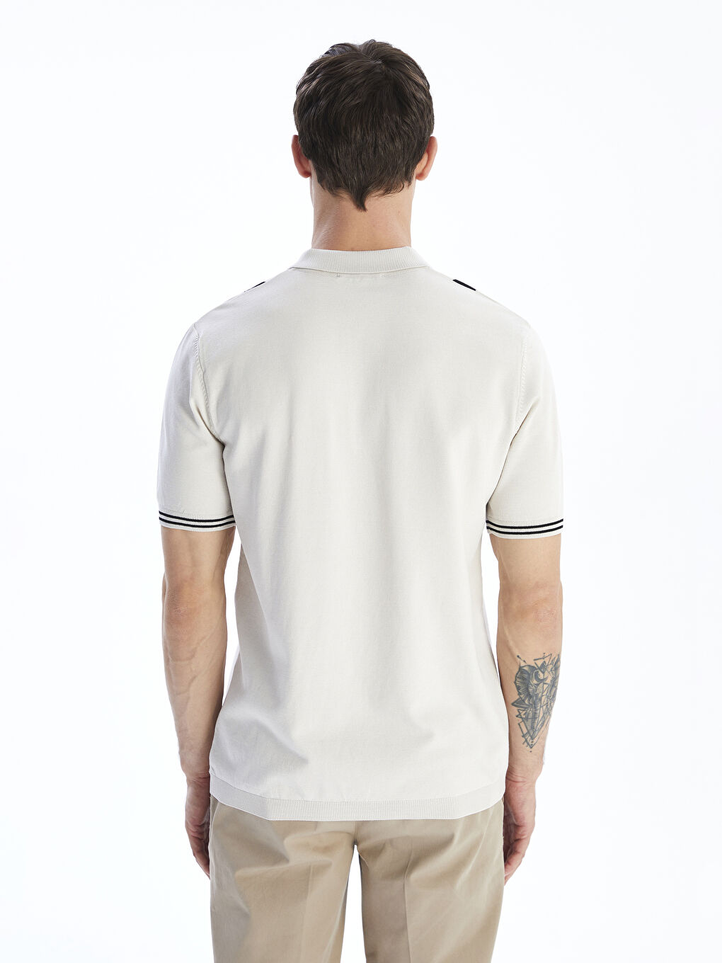 Bej Polo Yaka Kısa Kollu Çizgili Erkek Triko Kazak-3