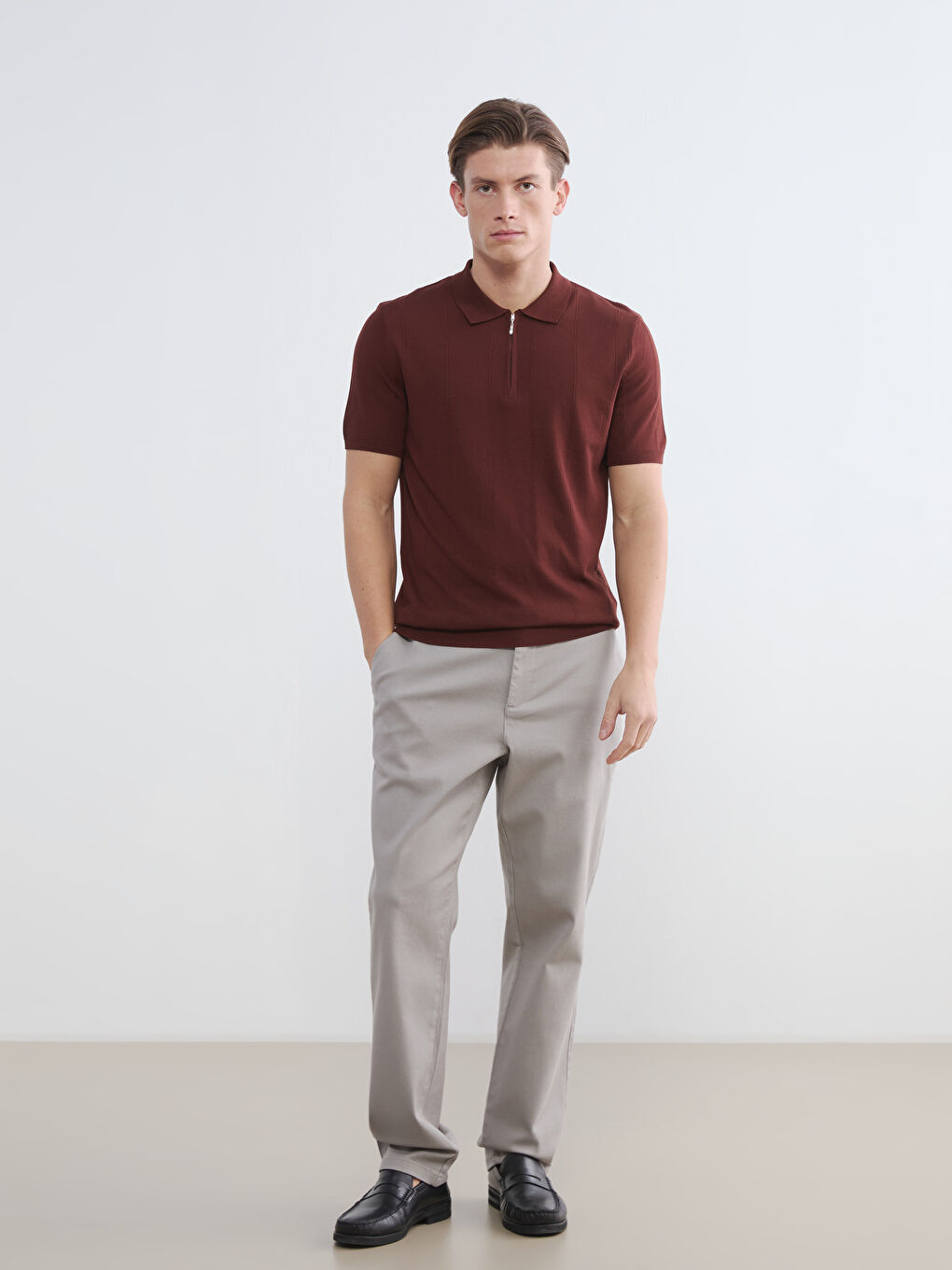 Kahverengi Polo Yaka Kısa Kollu Erkek Triko Kazak-1