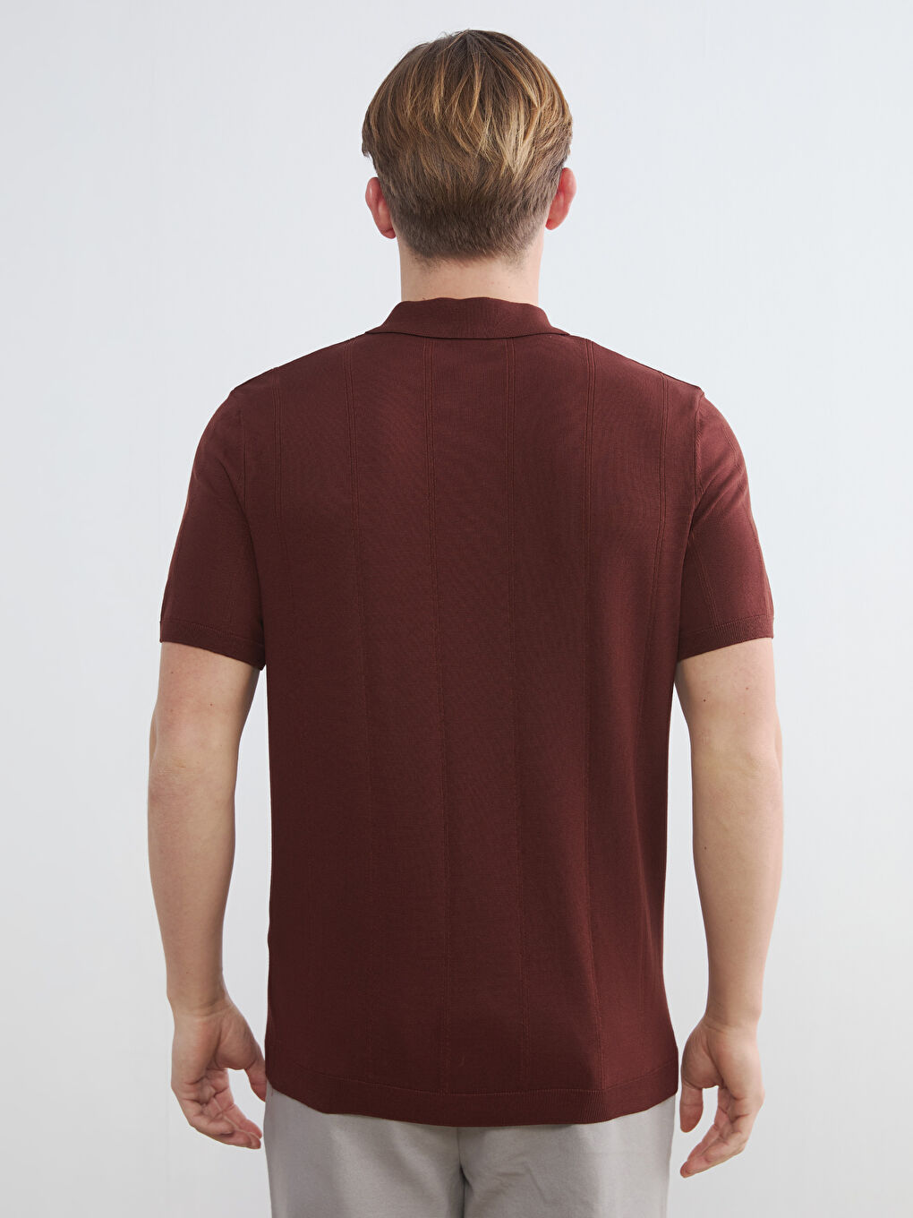 Kahverengi Polo Yaka Kısa Kollu Erkek Triko Kazak-3