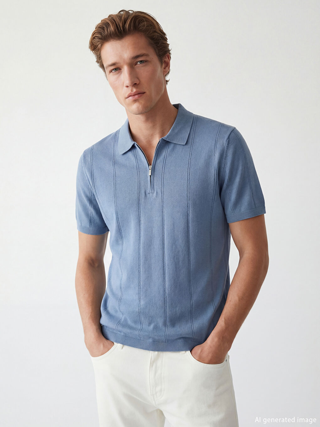 Mavi Polo Yaka Kısa Kollu Erkek Triko Kazak-1