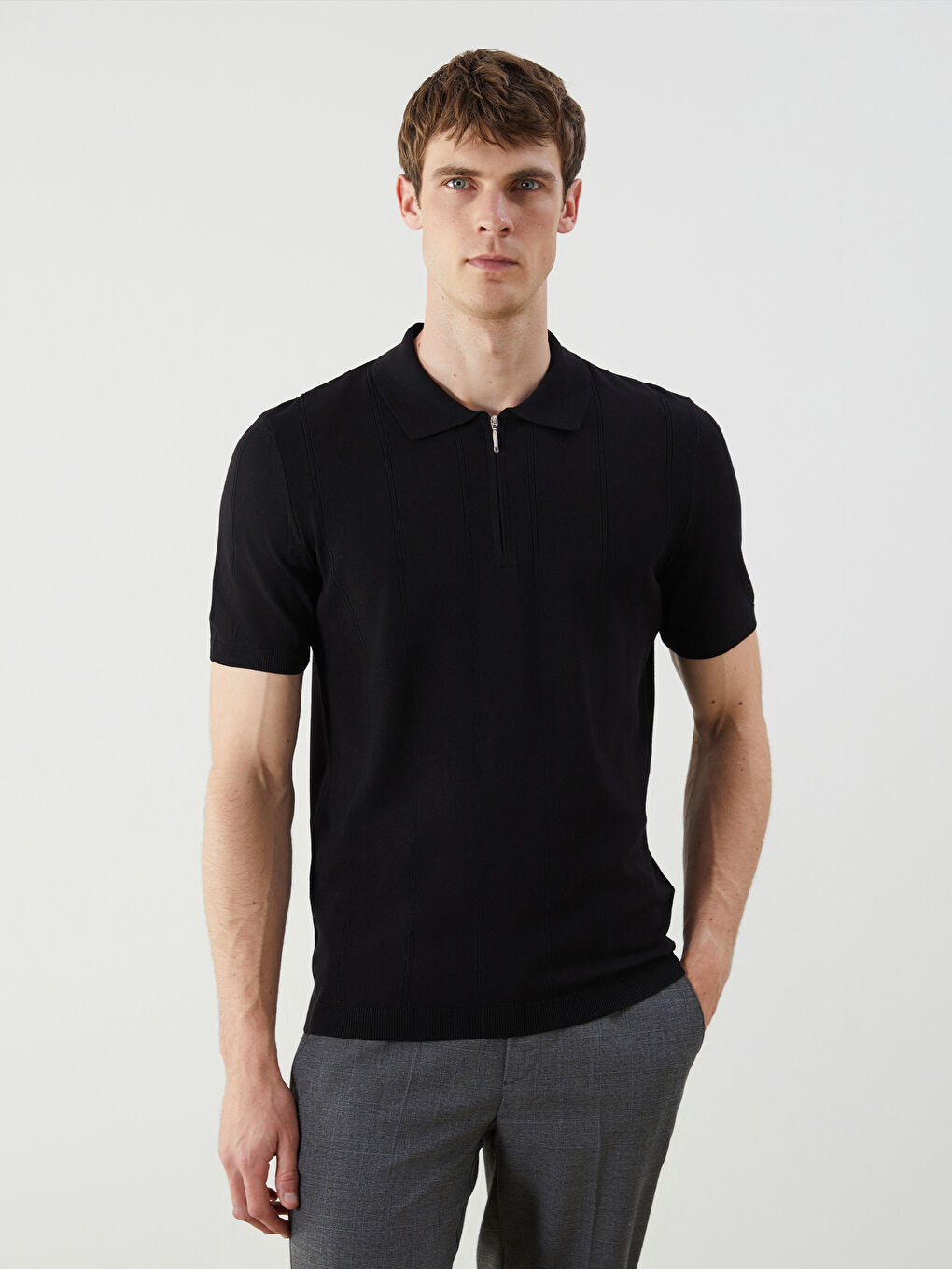 Siyah Polo Yaka Kısa Kollu Erkek Triko Kazak