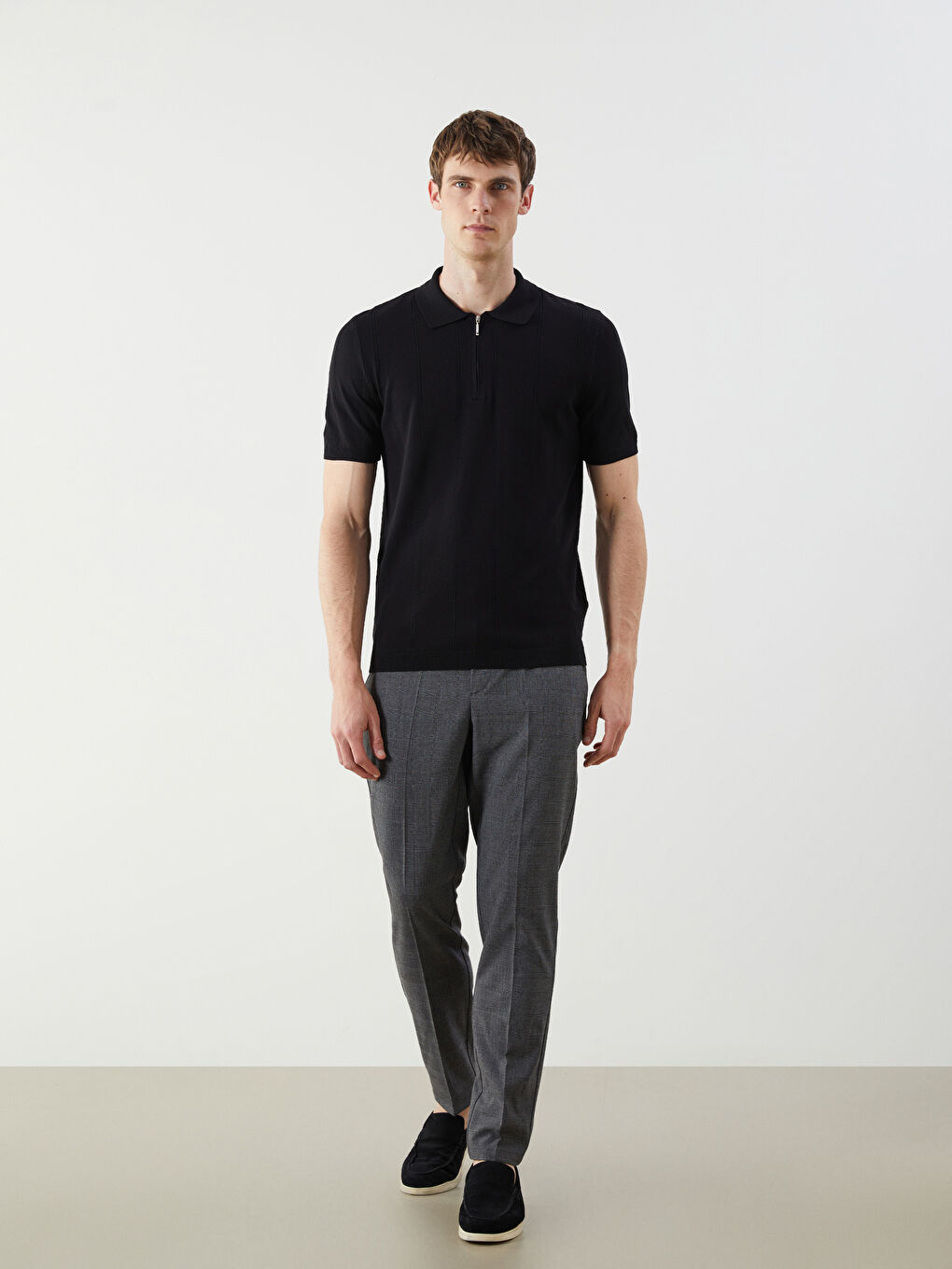 Siyah Polo Yaka Kısa Kollu Erkek Triko Kazak-1