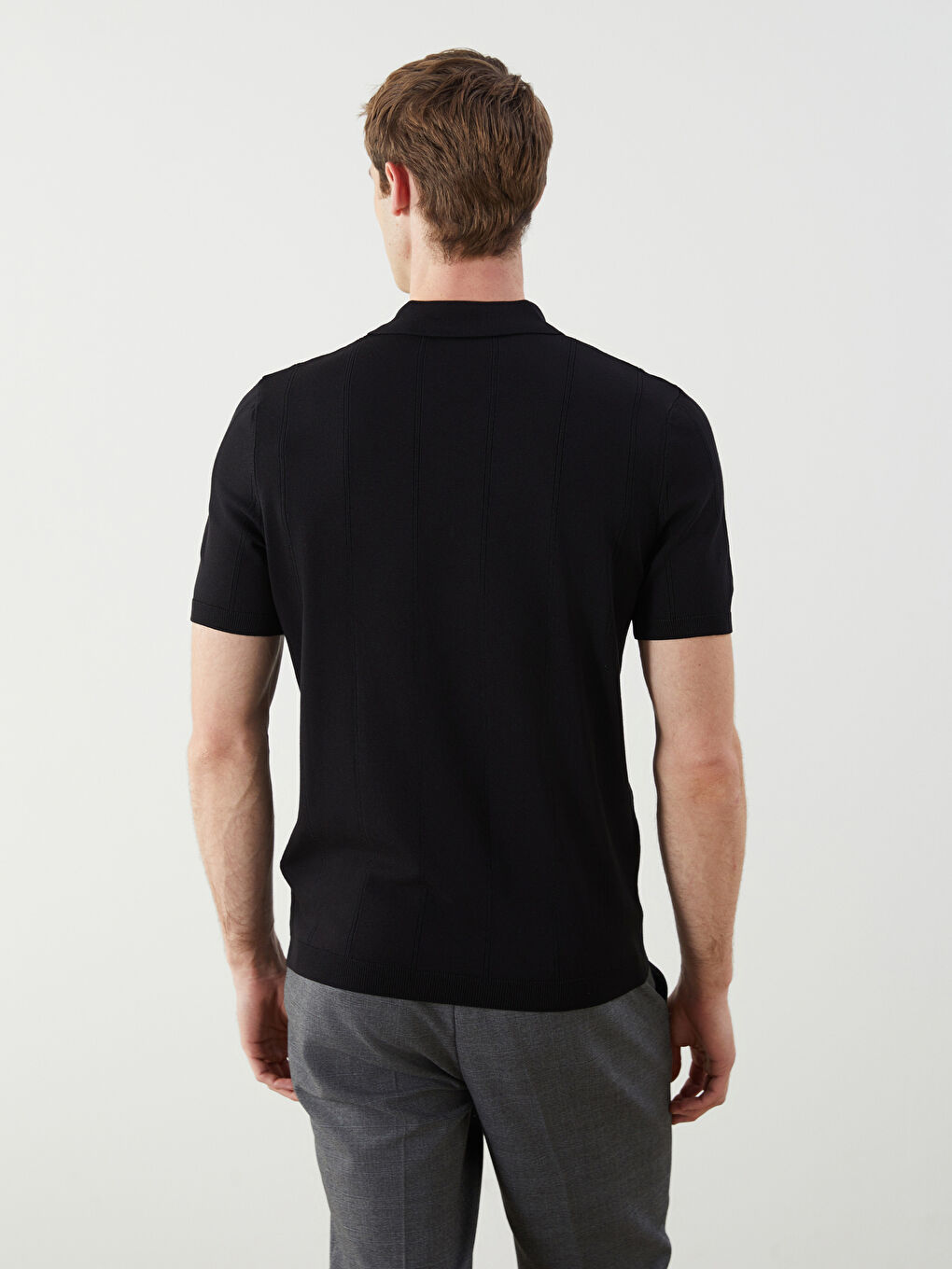 Siyah Polo Yaka Kısa Kollu Erkek Triko Kazak-3