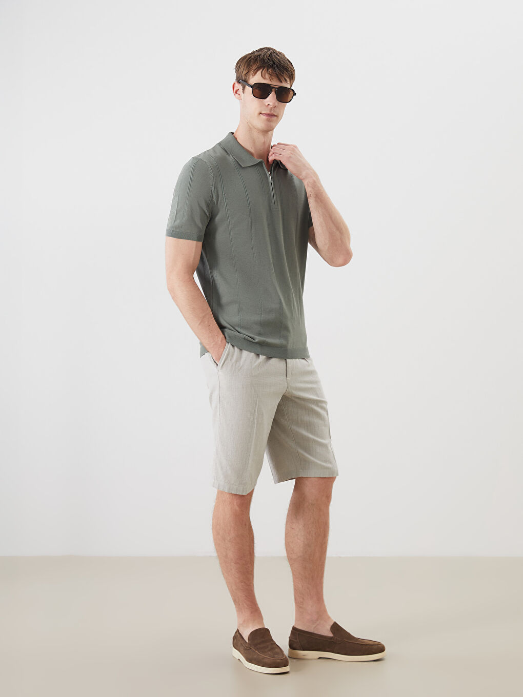 Yeşil Polo Yaka Kısa Kollu Erkek Triko Kazak-1