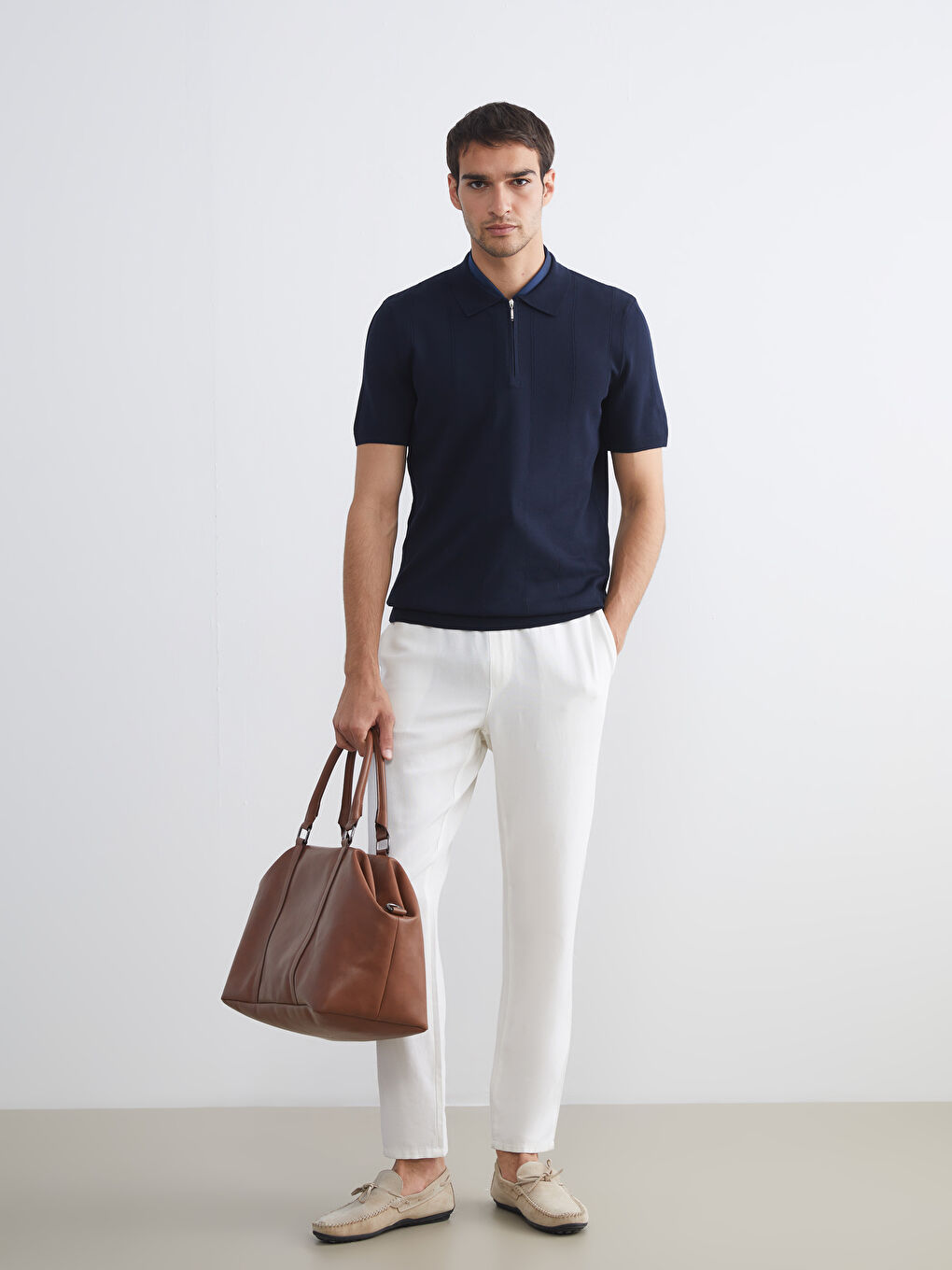 Lacivert Polo Yaka Kısa Kollu Erkek Triko Kazak-1