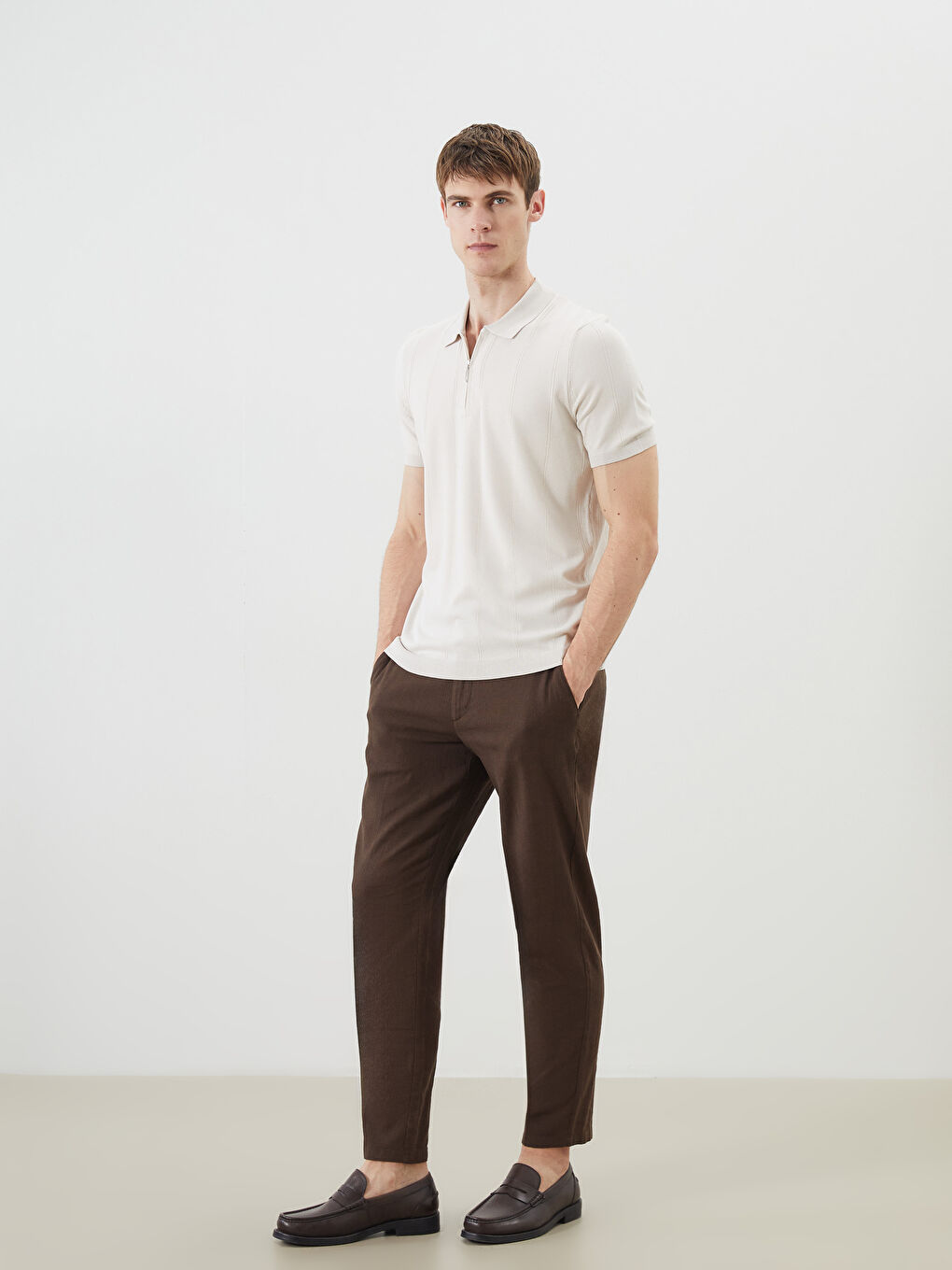 Bej Polo Yaka Kısa Kollu Erkek Triko Kazak-1