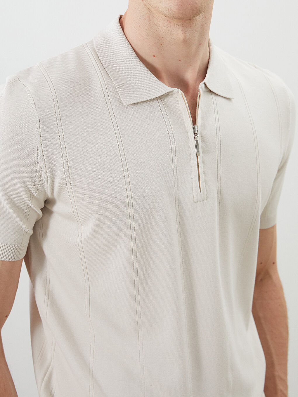 Bej Polo Yaka Kısa Kollu Erkek Triko Kazak-2